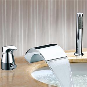 Contemporary Chrome Finish Two Handles Widespread Waterfall Tub Faucet With Handshower